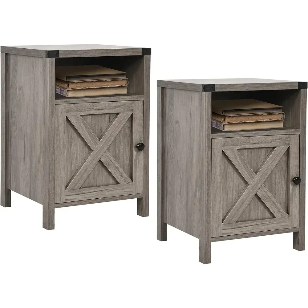 

End Table, End Tables with Barn Door and Shelf, Modern Bed Side Table Rustic Gray Nightstands Set for Bedroom