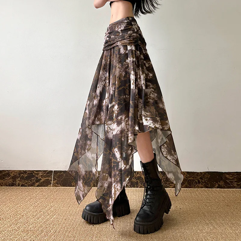 Brauner Y2K-Kurzrock aus Mesh für Damen, gothicischer, unregelmäßiger, süßer kurzer Rock, der geschichtet werden kann, Club-Party-Minirock mit plissierter Taille.