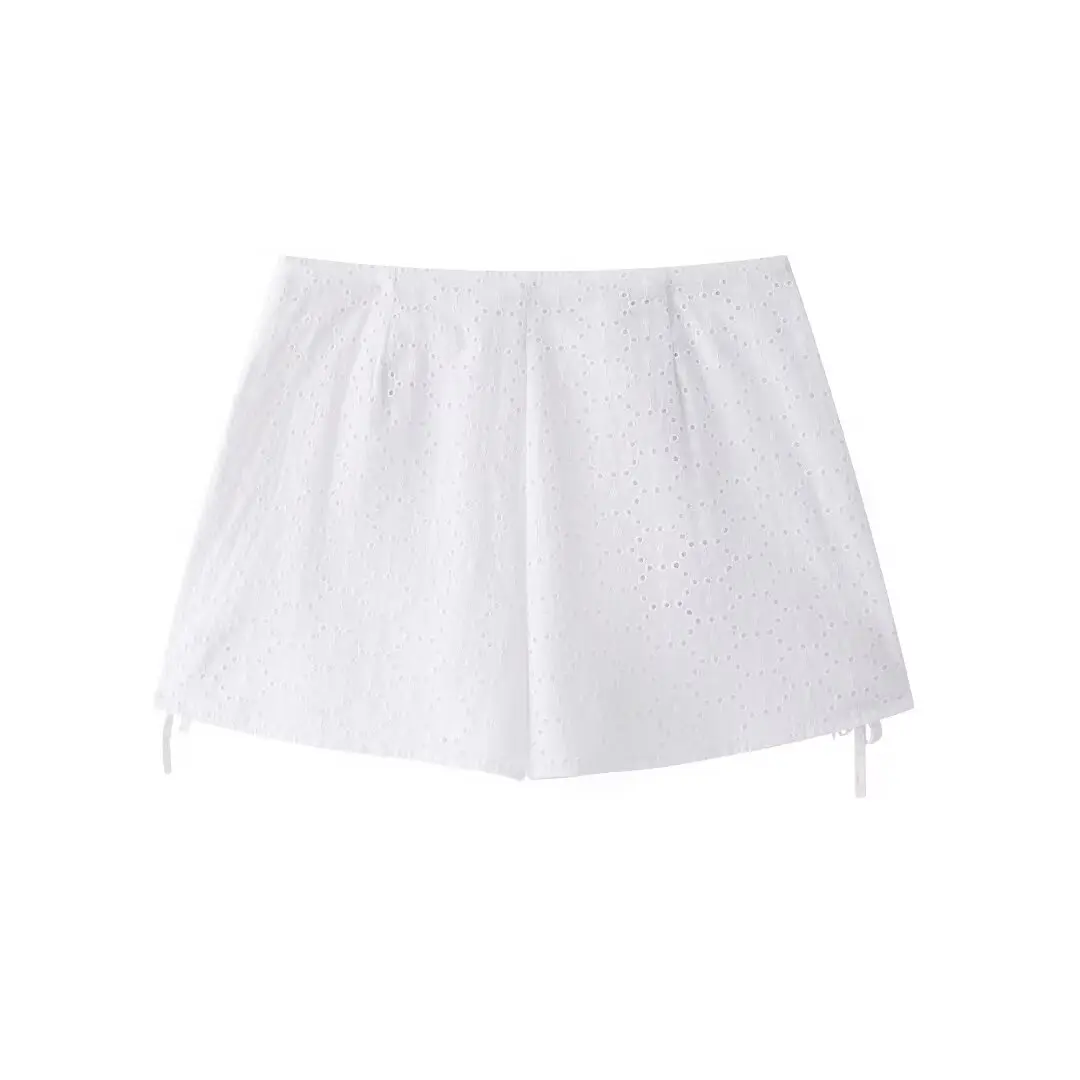 Tangada 2024 Women Bow Embroidery Shorts High Waist Zipper Cotton Shorts BE0151