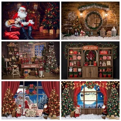 Retro Wooden Board Christmas Backdrops Window Santa Claus Christmas Tree Family Portrit Birthday Party Decor Photo Background