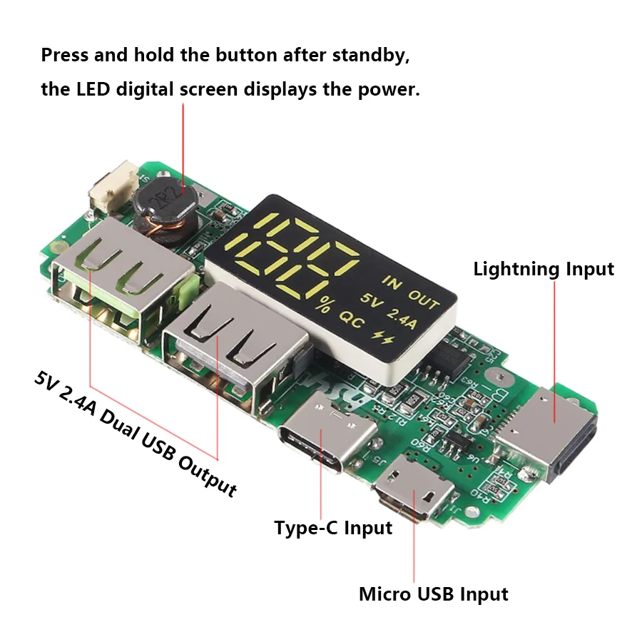 18650 Charging Board Power Bank Module Dual USB 5V 2.4A Type-C Micro USB Lightning LED Display Protection DIY Module Boost