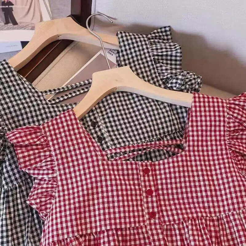 Plaid Shirts Women Tops Ruffles Sweet Flying Sleeve Chic Princess Summer Aesthetic Clothes Holiday Ulzzang Soft Camisas De Mujer