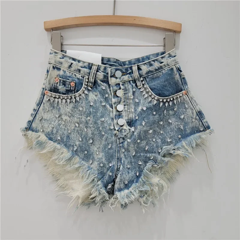 

Summer Washed Jeans Women Diamond Decoration Fashion Tassel Denim Shorts Summer Loose Sexy High Waist Wide Leg Shorts Female