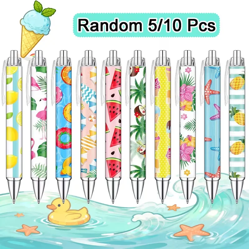 5/10 Stück Sommer-Kugelschreiber im hawaiianischen, tropischen Stil, Luau, verspieltes Flamingo-Zitronen-Eis-Blumenmuster, Büro- und Schulbedarf, Geschenk