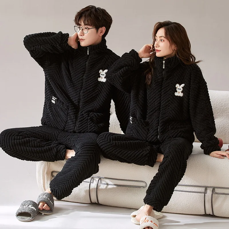 Korean Zipper Nightwear Couples Winter Warm Flannel Pajama Set Women Coral Fleece Pijama Men Casual Home wear pyjama lounge set