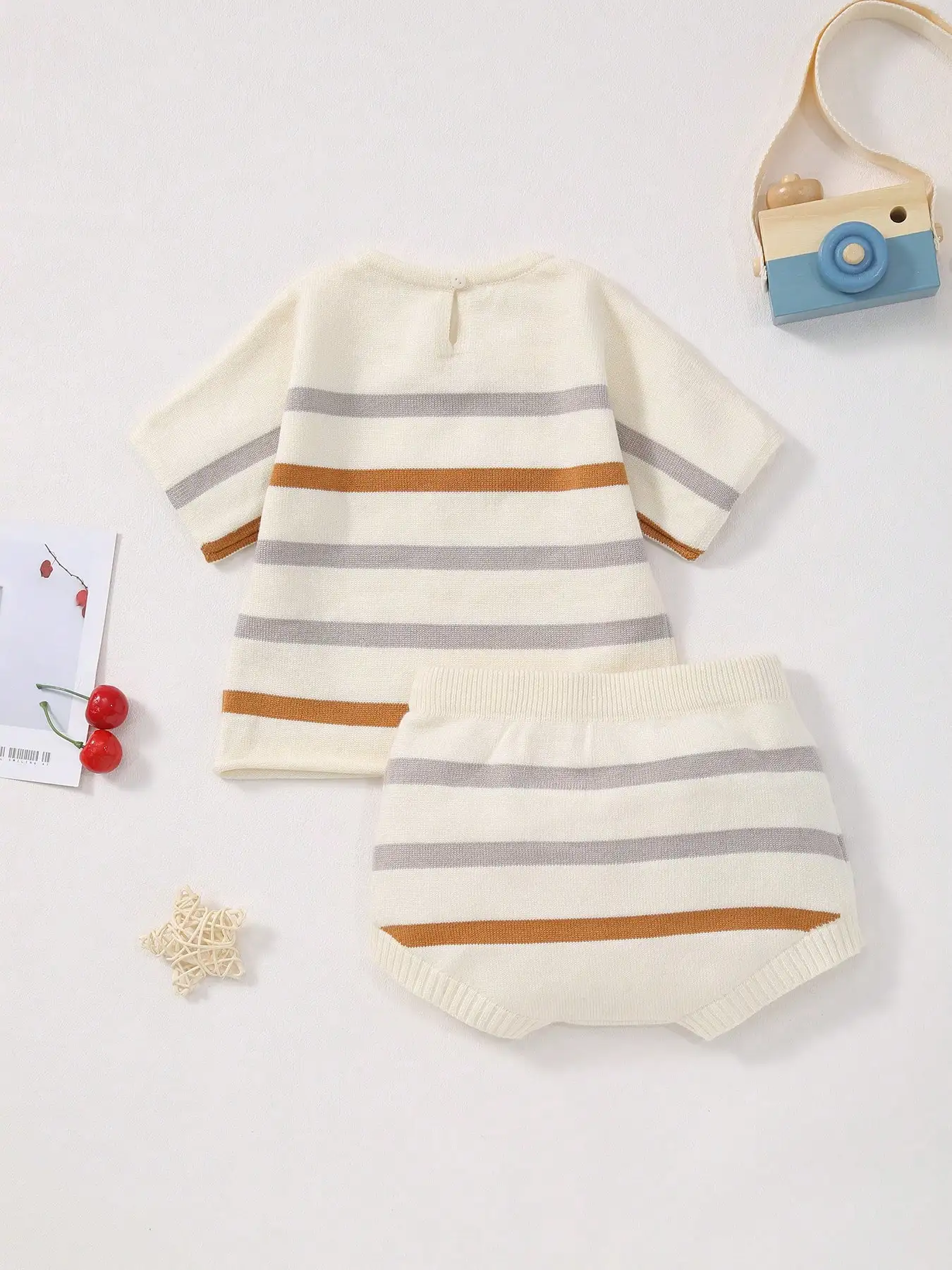 Baby Boy Knitted Summer Round Neck Stripesd Short-Sleeved Top + Butterfly Decorative Shorts