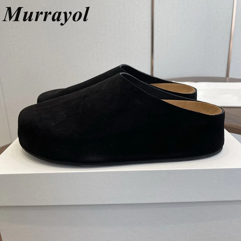 

Lazy Mules Round Toe Closed Toe Leisure Flat Slippers Spring Summer Women Simple Solid Color Suede Thick Bottom Half Slipper