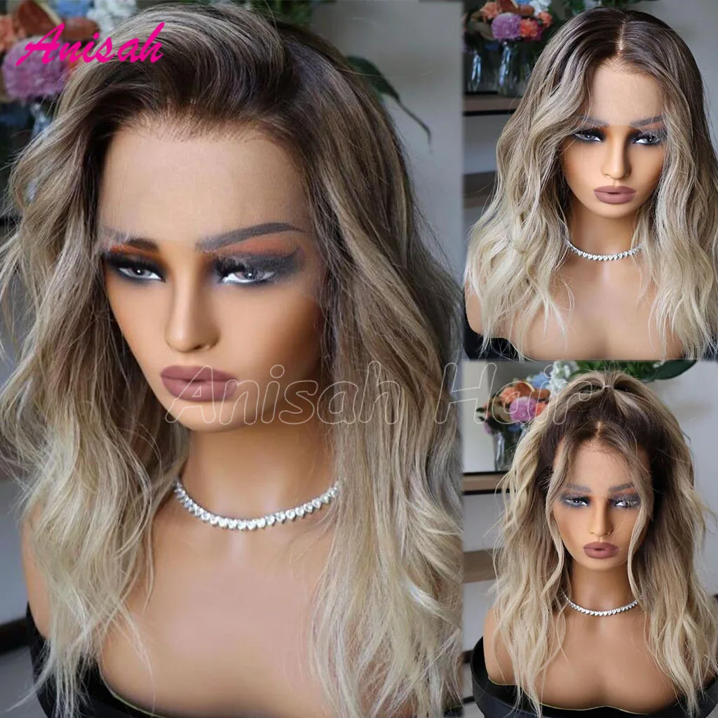 

Brazilian Remy Virgin Hair Short Human Hair Ash Blonde Ombre Wig Wavy Lace Full Fronal Wigs Ombre Lace Front Human Hair Bob Wigs