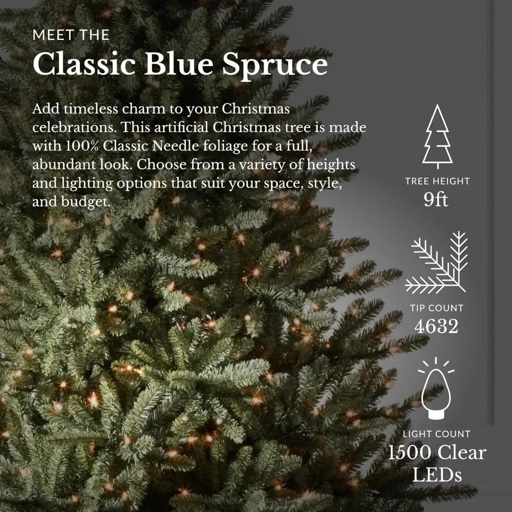 9ft Christmas Tree with LED Clear Lights, Pre-Lit Classic Blue Spruce Artificial Christmas Tree