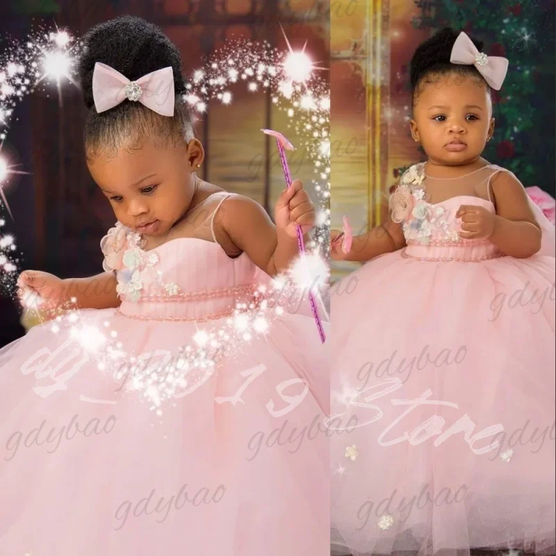 Sweet Pink Flower Girl Dress Sheer Neck Floral Appliques Toddler Birthday Pageant Princess Gown For Baby Birthday Photoshoot