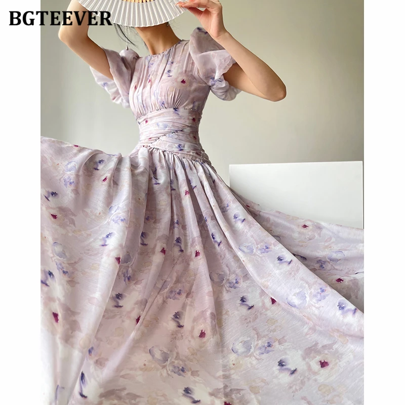 BGTEEVER French O-neck Slim Waist Female A-line Dress Elegant Puff Sleeve Women Floral Dress Mid-length Summer Vestidos