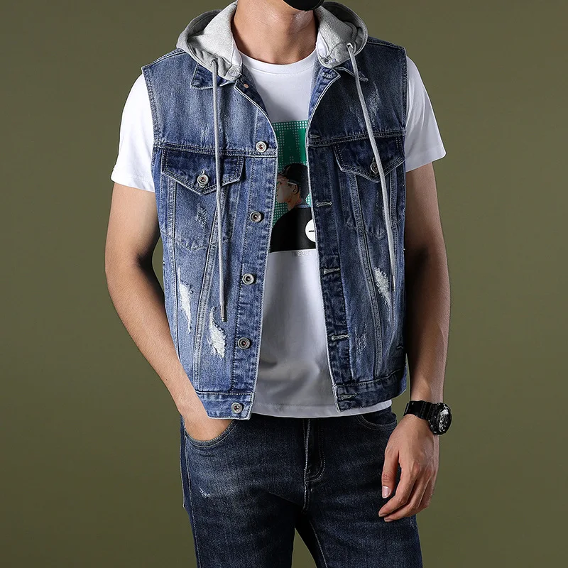

Модный жилет без рукавов с капюшоном на весну и осень, мужской свободный жилет с капюшоном в стиле ретро, мужской жилет без рукавов