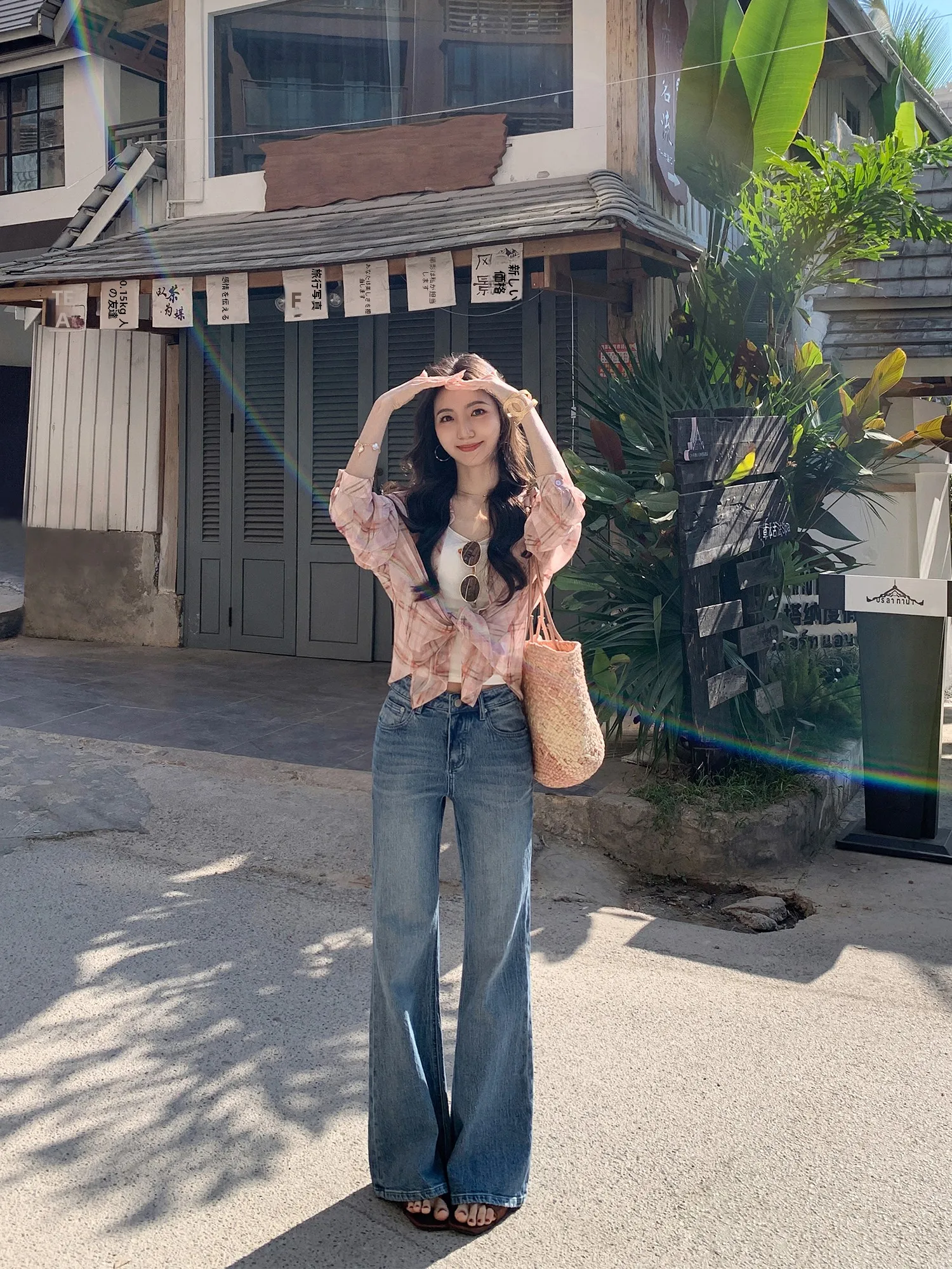 

Mulvan American Retro Waed Bell Bot Jeans Women Slimming Drapey Long Pants Cotton l Waist Button Closure