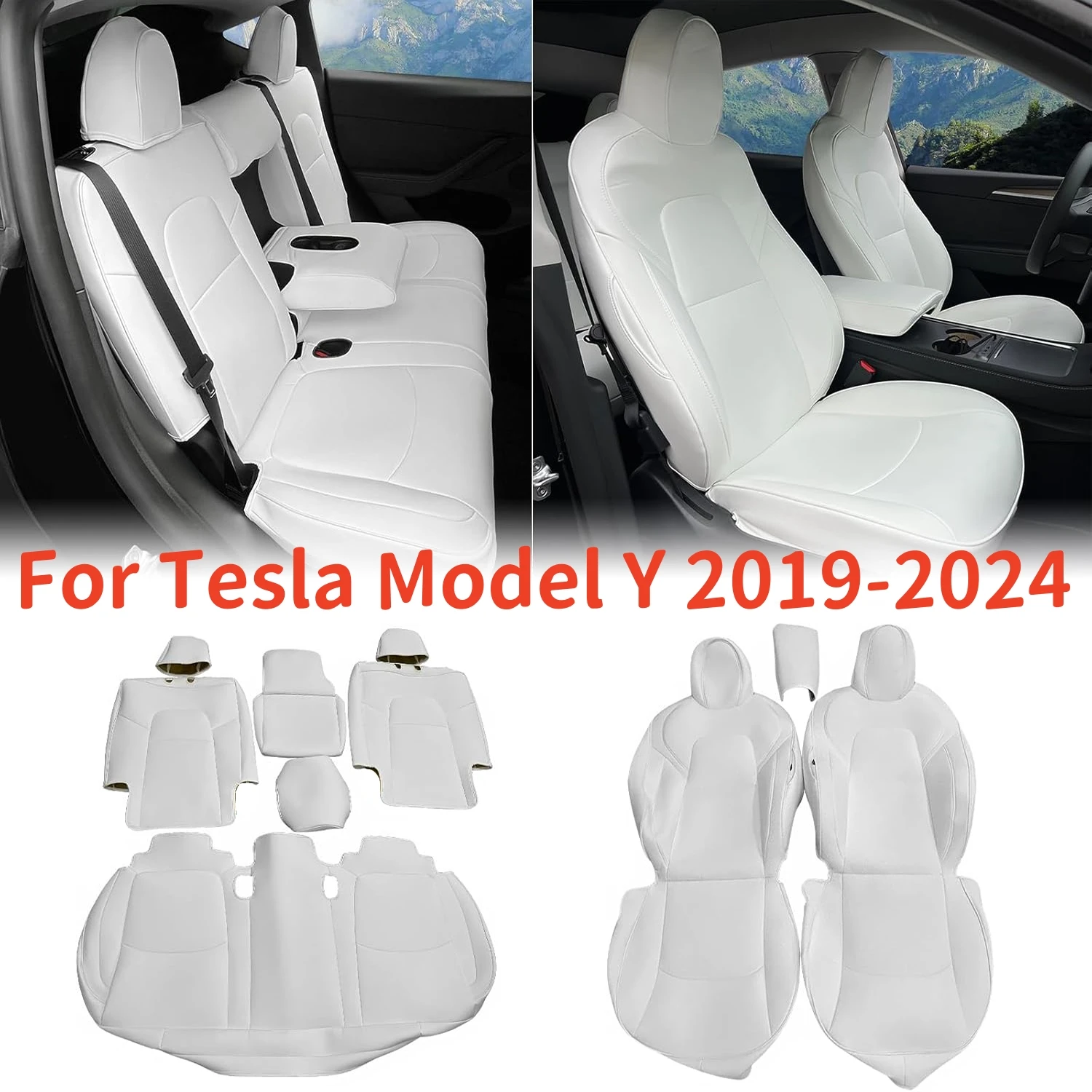 Full Set Car Seat Covers For Tesla Model Y 2019-2024, Model Y 5 Seat Nappa PU Leather Front & Rear Seat Cover Cushion Protectors 