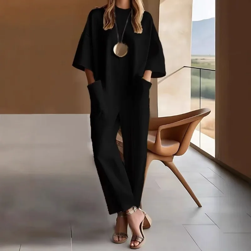 

Women Loose Jumpsuit Pocket Crew Neck Straight Leg Pants Simple Street Style Office