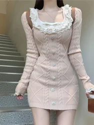 Pink Kawaii Knit One Piece Dress Women Lace Vintage Elegant Sweater Mini Dress Female Korean Fashion Designer Sweet Dress 2024