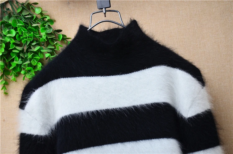 Female Women Fall Winter Clothing Hairy Striped Mink Cashmere Knitted Turtleneck Slim Blouses Pullover Angora Fur Sweater Jumper