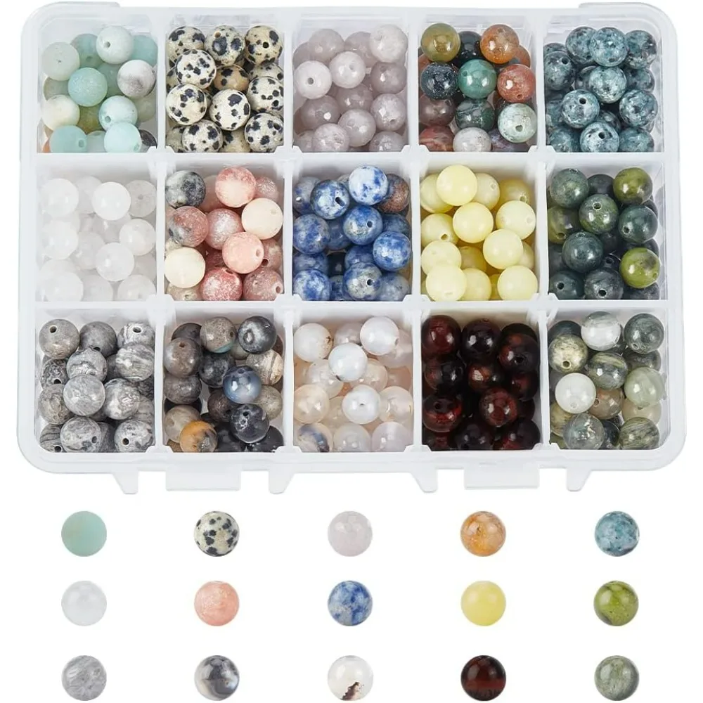 375 Pcs 8mm Natural Gemstone Beads, 15 Styles Round Natural Loose Beads Natural Stone Spacer Beads for DIY Bracelet