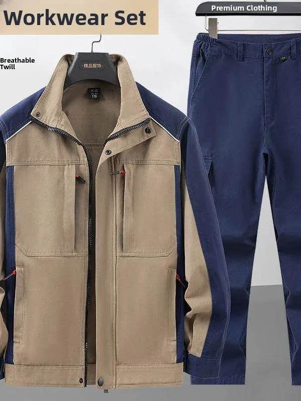 

Весенне-осенний рабочий костюм из чистого хлопка для мужчин: для сварки, авторемонта, строительства, износостойкий, термостойкий, влагопоглощающий.