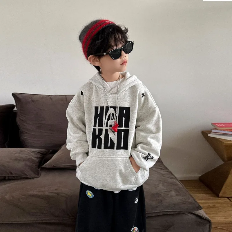

Boys Fleece Sweater Hooded Thickened Top 2025 Autumn New Integrated Fleece Children's Winter Long-sleeved Children's Clothing