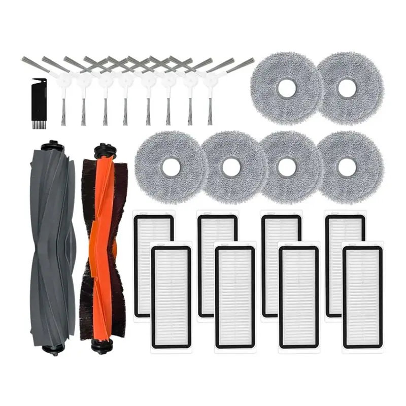 

Запасные части для робота-пылесоса Dreame X20 Pro / X20 Pro Plus: основная и боковые щетки, HEPA-фильтр, салфетки для влажной уборки, тряпки.