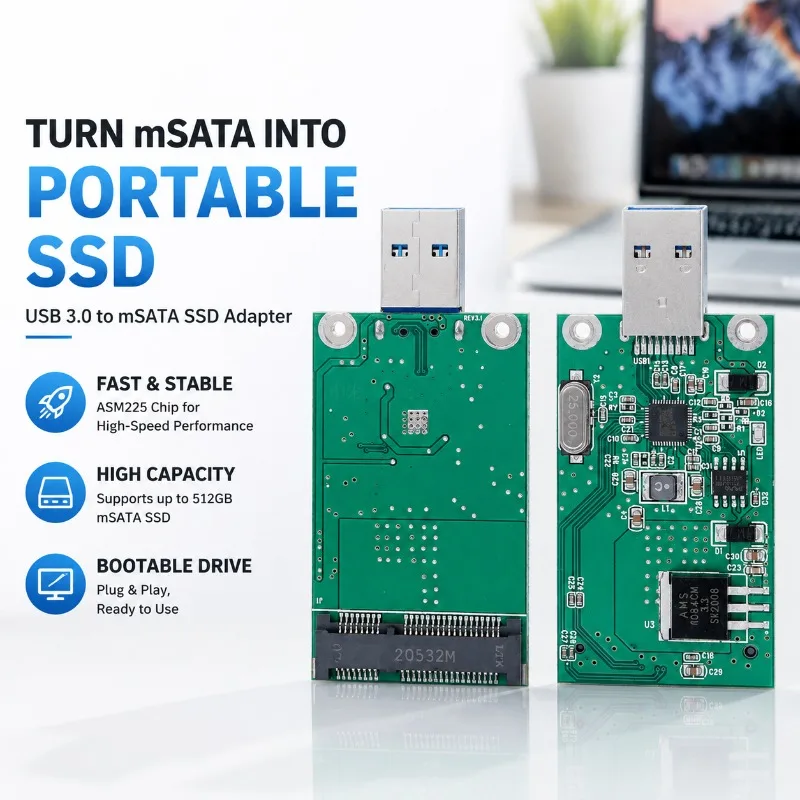 USB 3.0 to mSATA SSD Adapter, External Solid State Drive Converter, Direct Plug, ASM225 Chip, Support 512GB, Bootable
