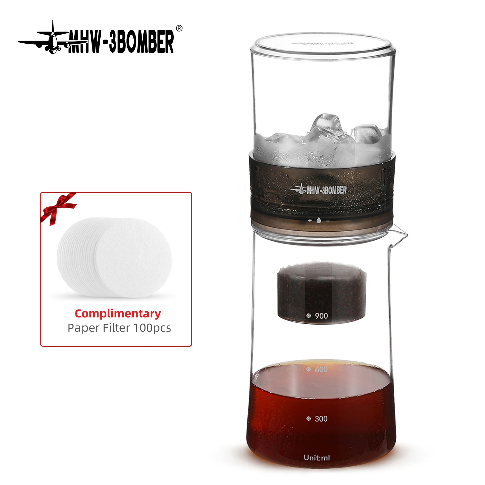 MHW-3BOMBER Cold Brew Coffee Maker 600ml  Dripper Iced Coffee Brewer Maker with 100pcs Fine Filter Paper 300 Mesh Barista Tools