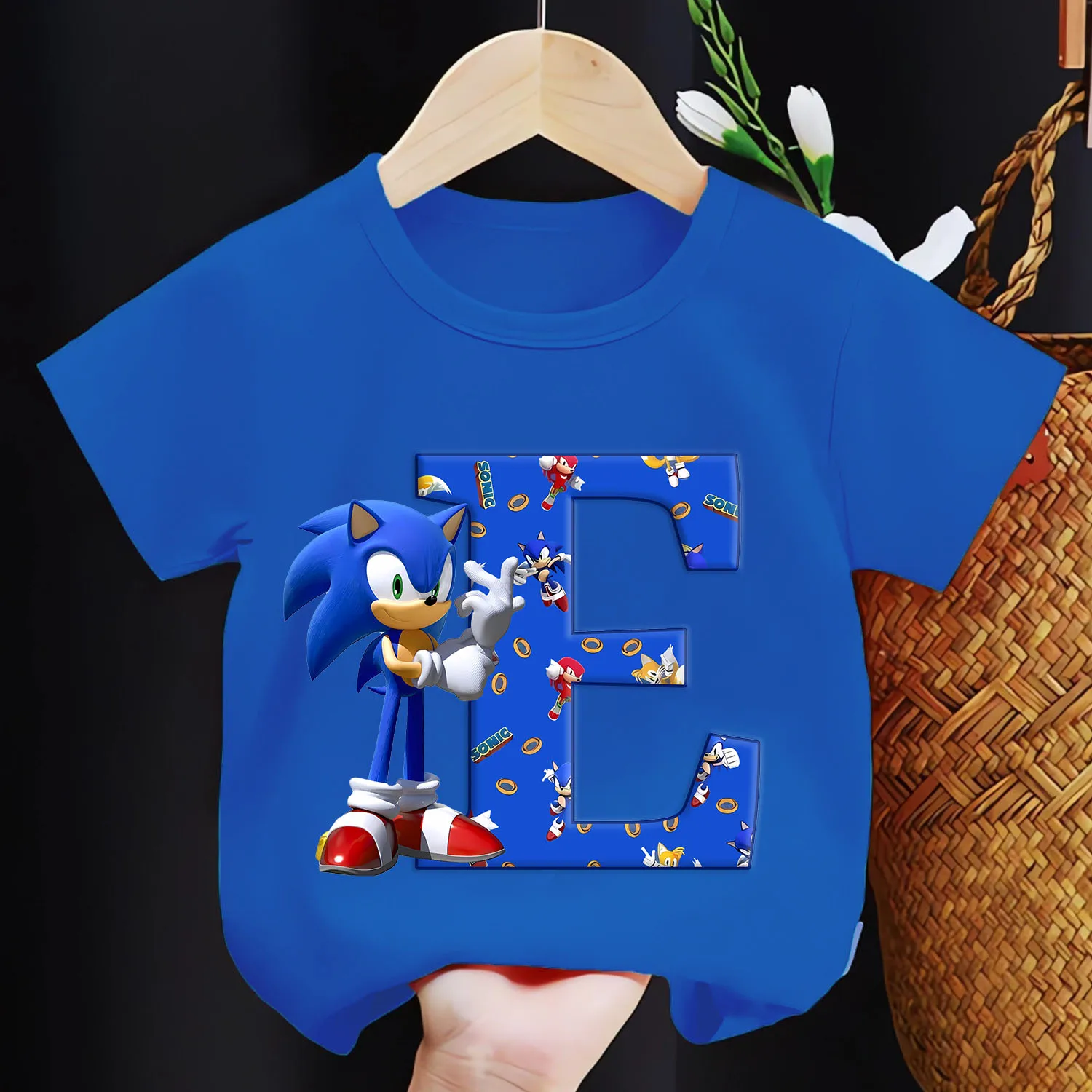 Sonic New T-shirt for Children Letters A-Z Tee Top Cartoon Boys Clothes Fashion Blue Short Sleeve Kids Anime Loose Clothing Gift