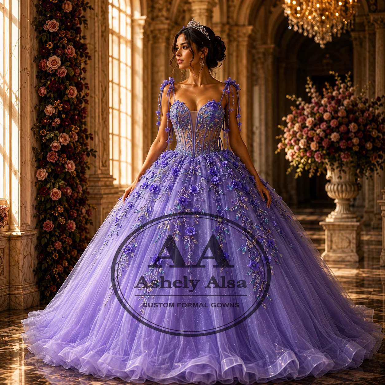 Gorgesou Lilac Princess Girl Quinceanera Dresses Spaghetti Strap Flower Bow Ballgown Tulle Birthday Party Prom Formal Gown AA079