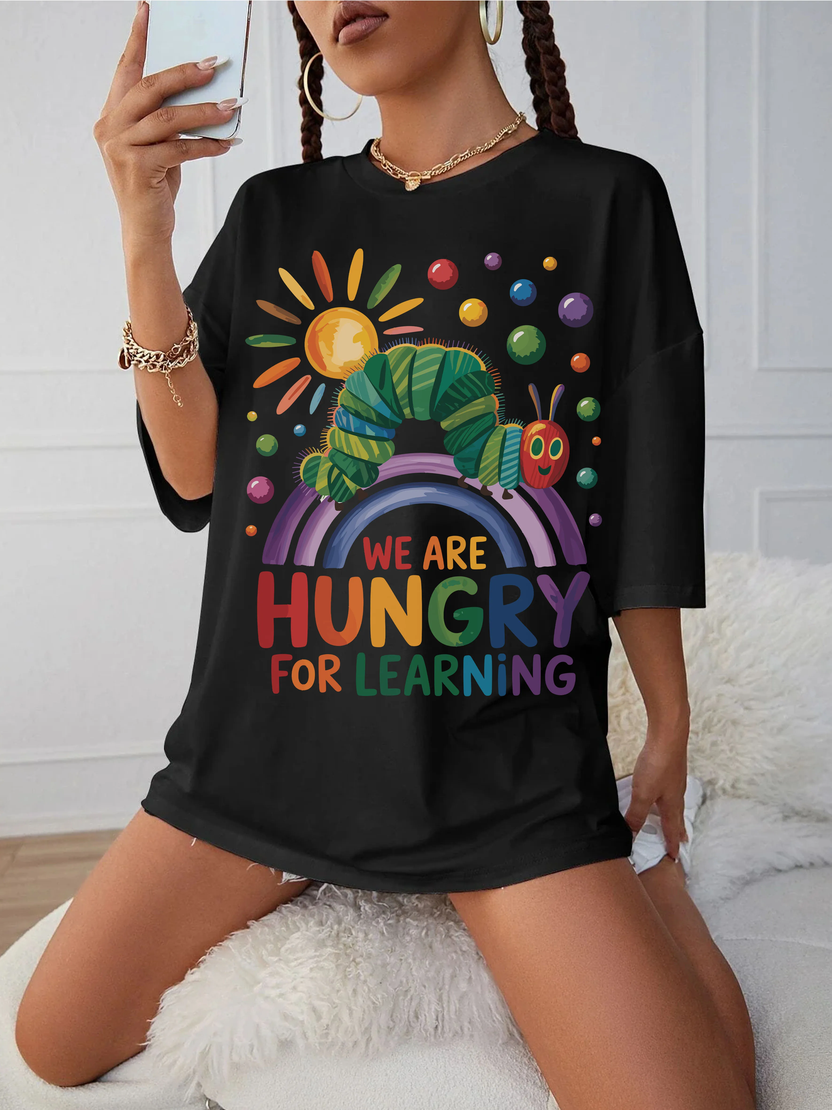 

We Are Hungry For Learning Свободная женская черная футболка с круглым вырезом для беременных, летний топ для позднего беременности