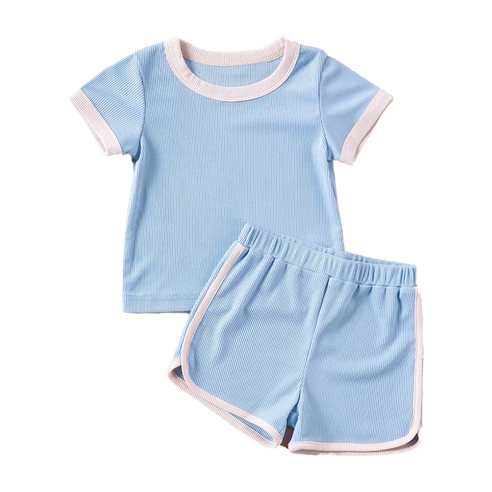 2024 Boys Girls Ribbed Summer Outfit Set Toddler Short Sleeve T-Shirt + Shorts Children 2Pcs Clothes Set Korean 1-6Y