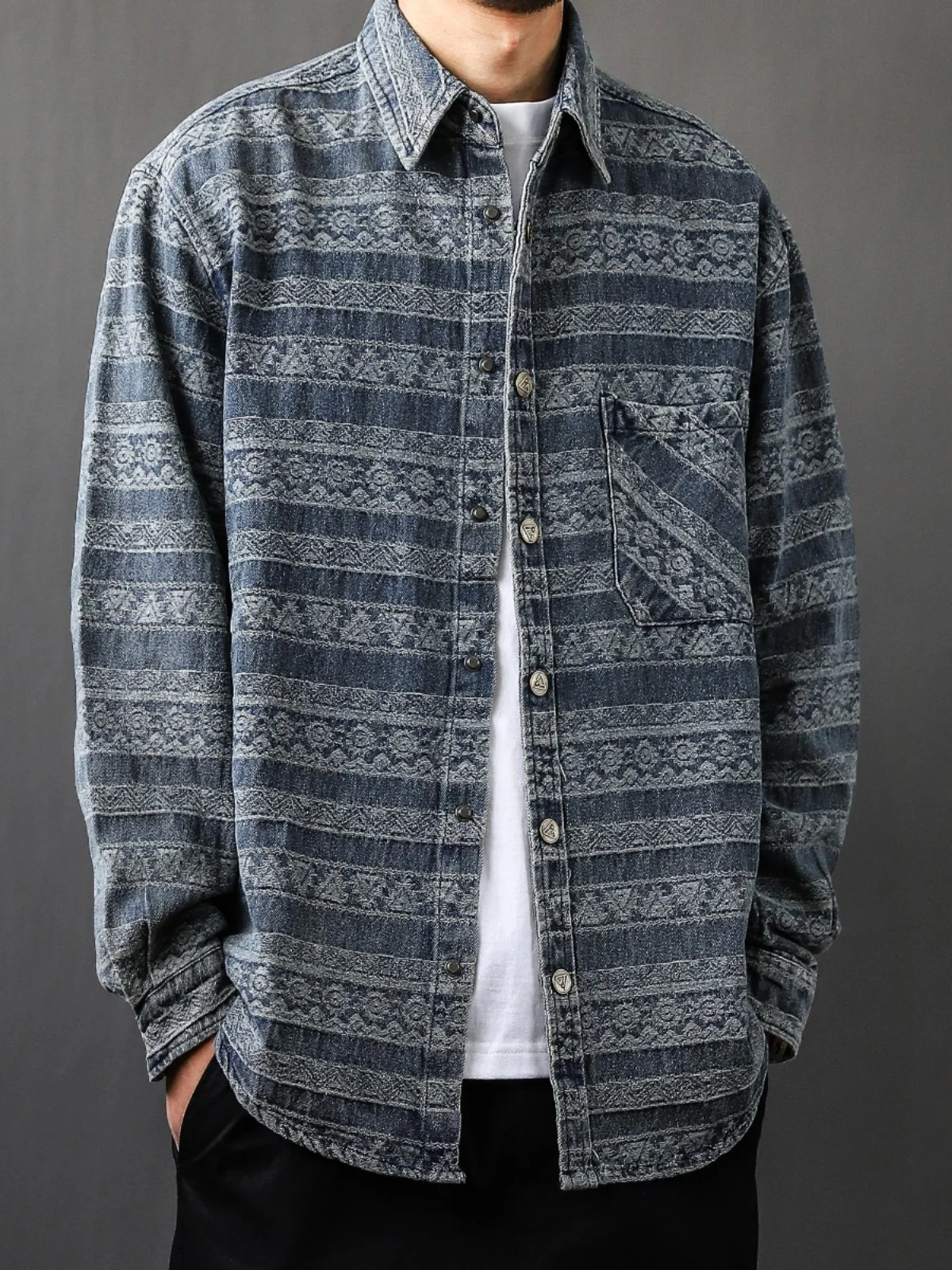 

Мужская рубашка в китайском ретро-стиле с эффектом потертости, отложным воротником, длинным рукавом, полосатым узором, весенняя коллекция