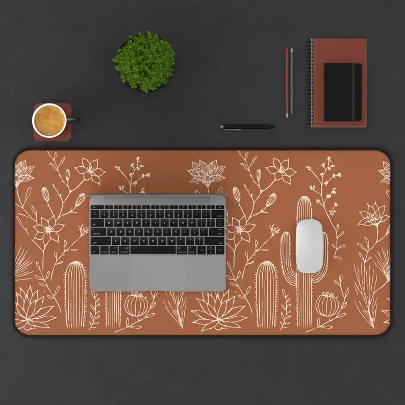 Botanical Mousepad, Featuring Minimalistic Off White Botanical Sketches and Iconic Cacti on Warm Terra Cotta,Gaming Mouse Mat