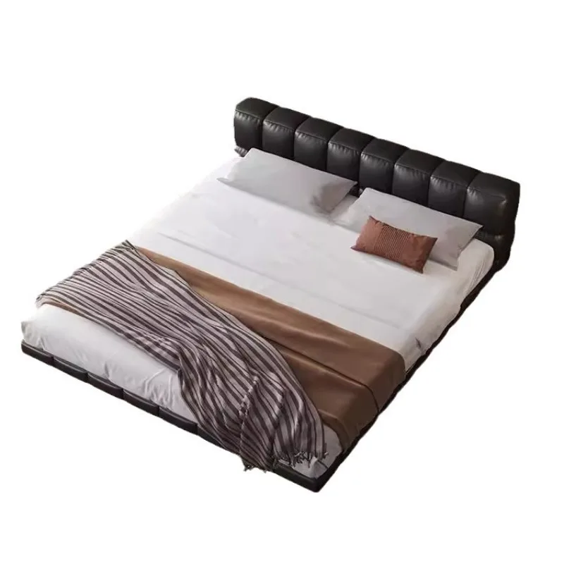 Minimalist suspension bed black tofu block leather bed modern master bedroom puff   simple soft bag double