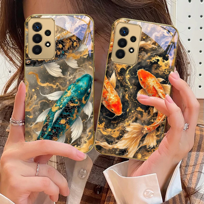 Lucky Orange Golden Koi For Samsung A73 A72 A71 A42 A56 A55 A54 A53 A52s A52 A51 A36 A35 A34 A33 A32 A16 Golden glass phone case