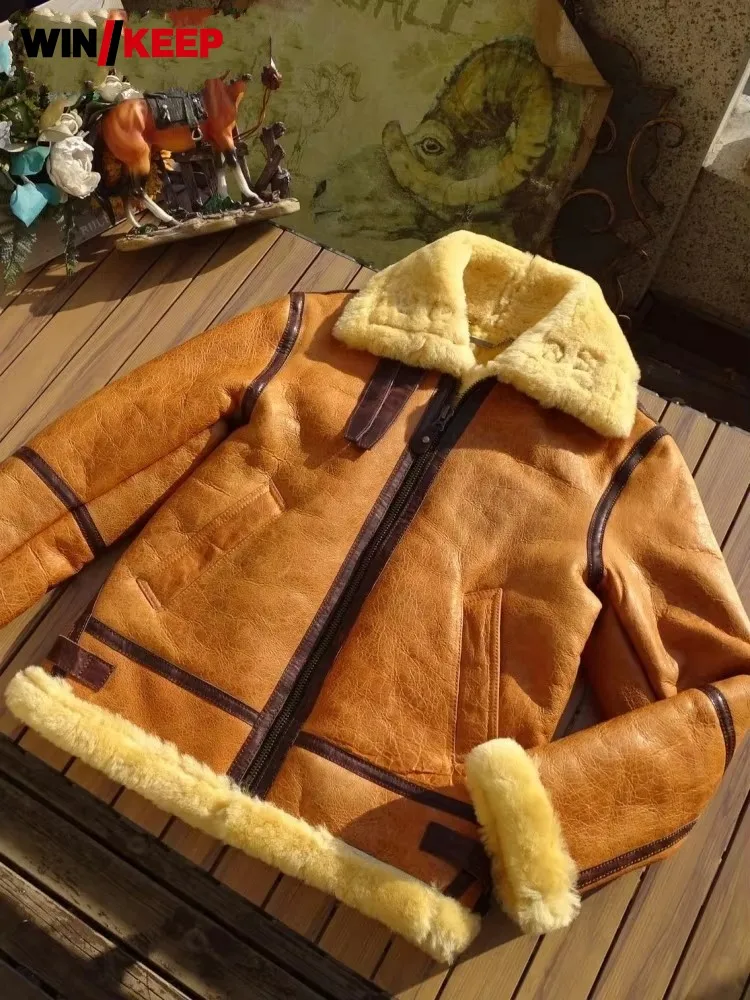 Vintage Real Fur Men Winter Warm Wool Genuine Leather Motorcycle Jacket Slim Fit Turndown Collar Classic Pilot Shearling Coat
