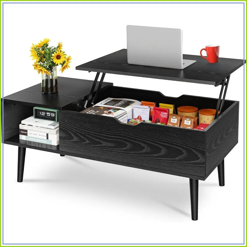 Wood Lift Top Coffee Table with Hidden Compartment and Storage Shelf, Lift Tabletop Dining Center Table for Living Room Office