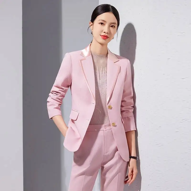Elegant Pink Formal Pantsuits for Women Professional Office Work Wear Blazers Autumn Winter Business Career Interview Outfits
