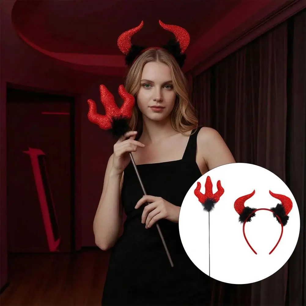 Devil Horn Headband Cosplay Headpiece Wand Halloween Devil Costume Set Glitter Horn Headband Trident Prop for Cosplay for Adults