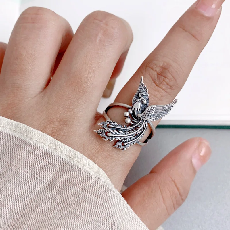 925 Sterling Silver Original Certified Phoenix Bird Ring Jewelry Stereoscopic  Adjustable Ethnic Vintage Rings for Women JZ108