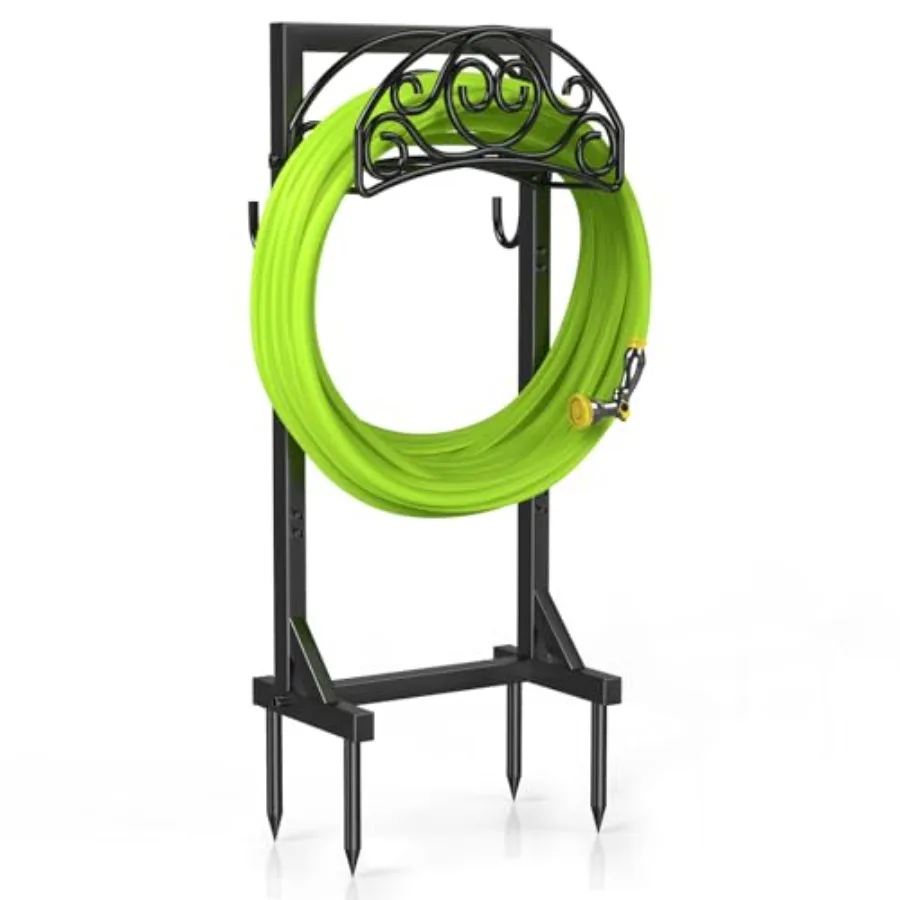 Freestanding Garden Hose Stand, Heavy Duty Water Hose Holder with Tool Hooks, 4 Anchoring Spikes, 150 Feet Storage for Yard and