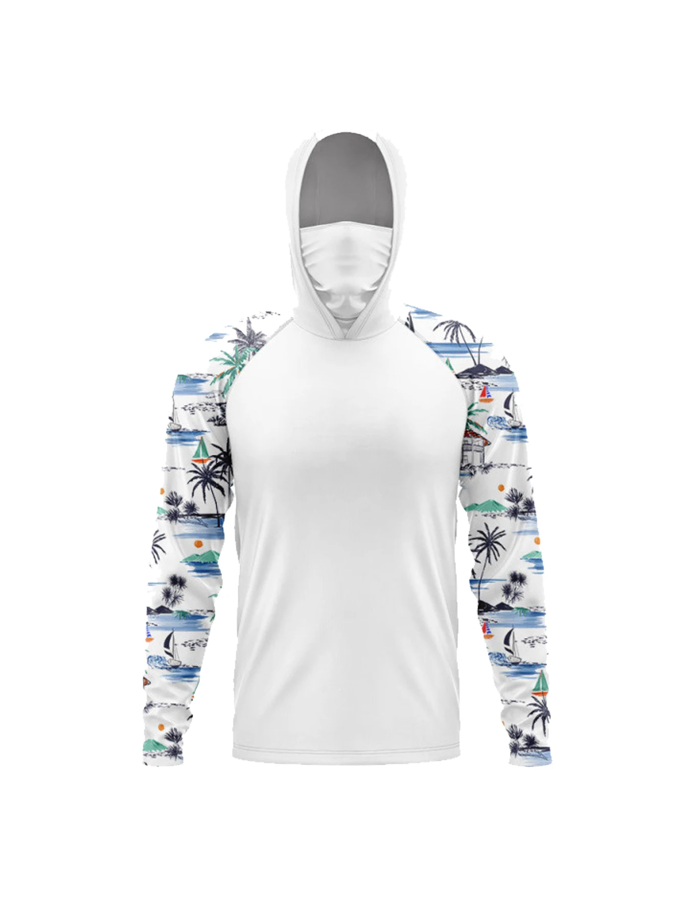 Herren Camo Angelhemd UPF50+ mit Kapuze und Gesichtsmaske, Langarm, Schnelltrocknend, Anti-UV, Atmungsaktiv, Outdoor-Angeloberteil – Detail 4