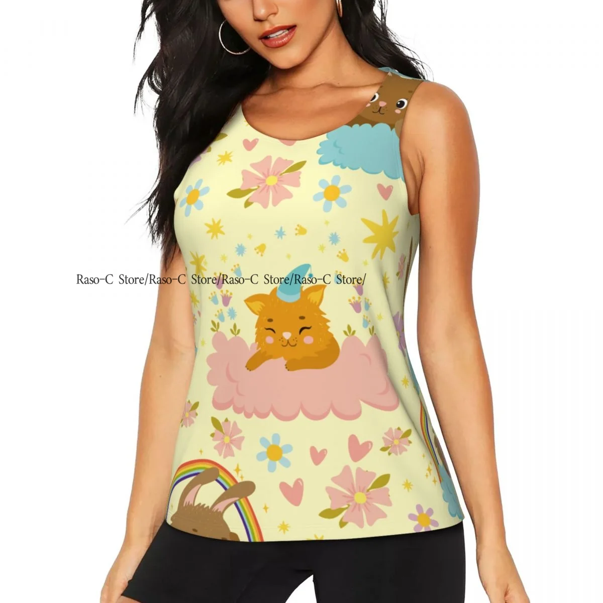 Women's Sleeveless Yoga Tank Top Cats Clouds Magic Sky Sunset Rainbow Quick Dry Running Training Sports Vest Yoga Shirts