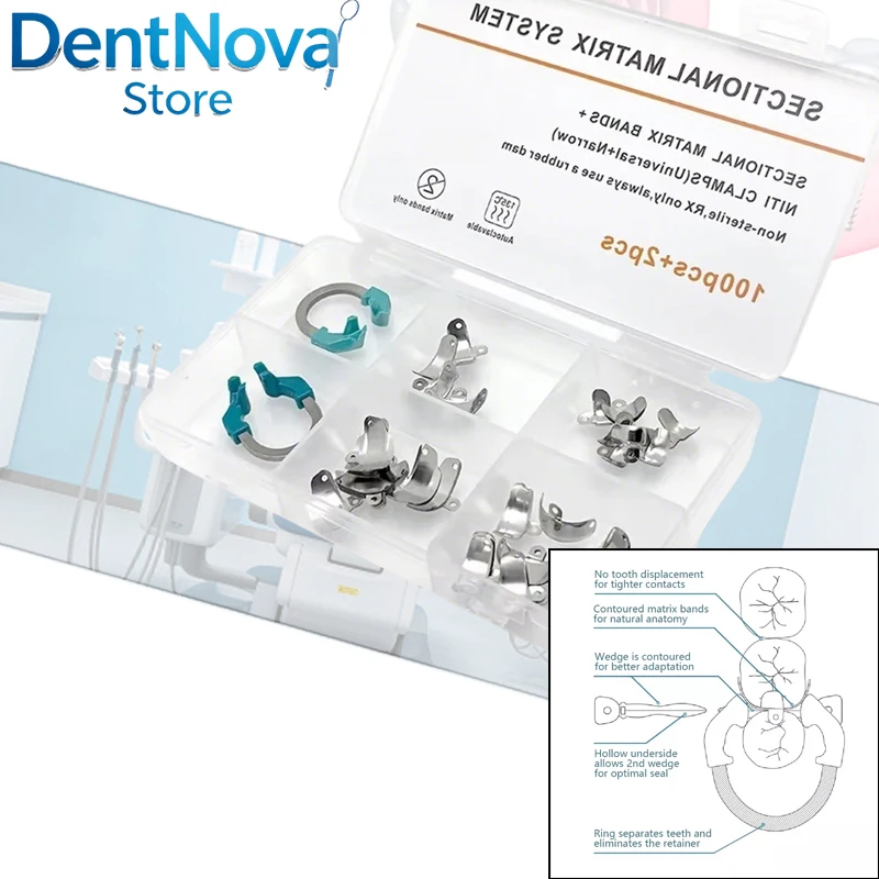 

102PCS Dental Matrix Bands Kit NiTi Ring Sectional Contoured Tight Interproximal Contacts Restorative Dentist