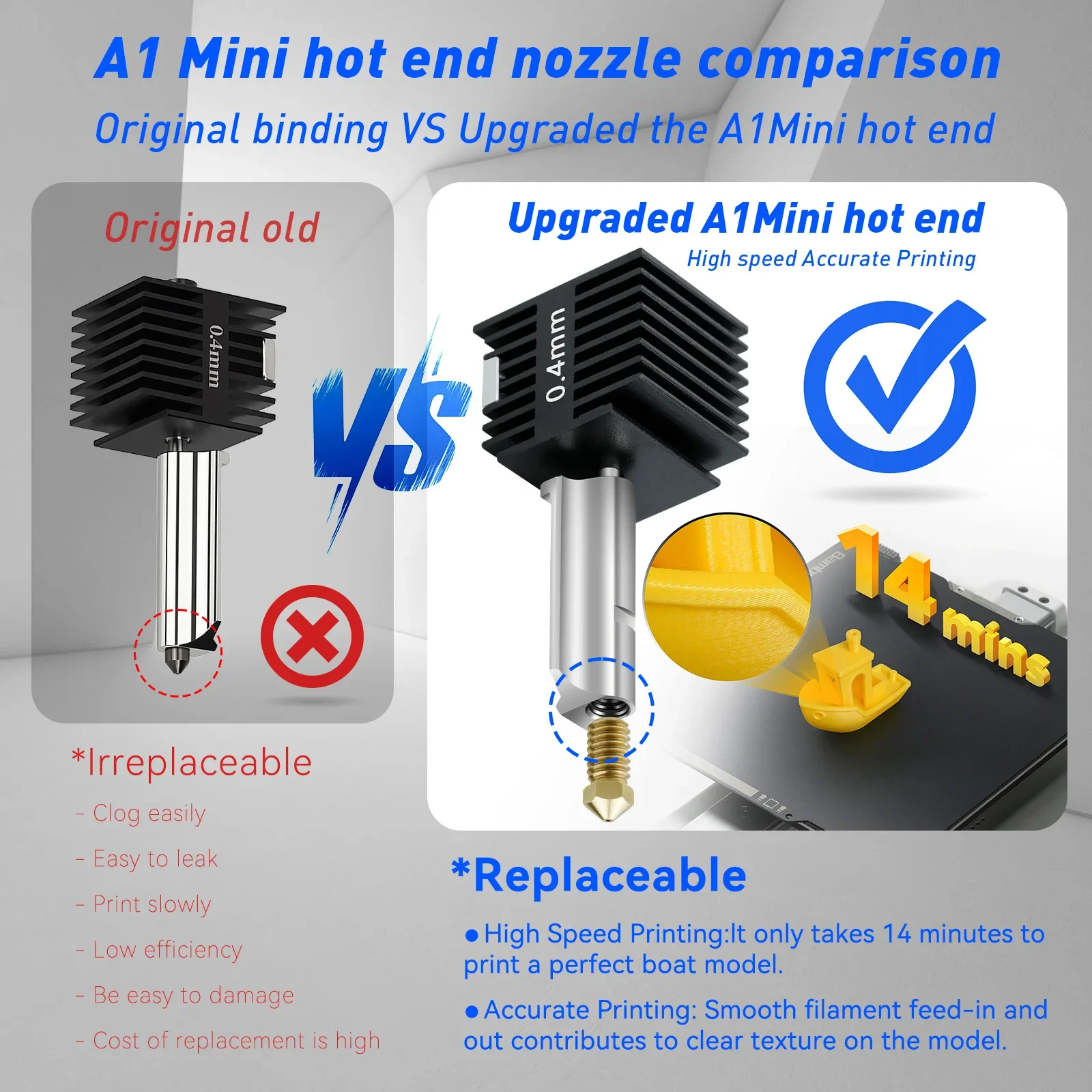 Hotend Kit for Bambu Lab A1/A1 Mini Fast Speed Hot End Assembly 0.2/0.4/0.6/0.8mm Hardened Steel Brass Nozzle 3D Printer Part