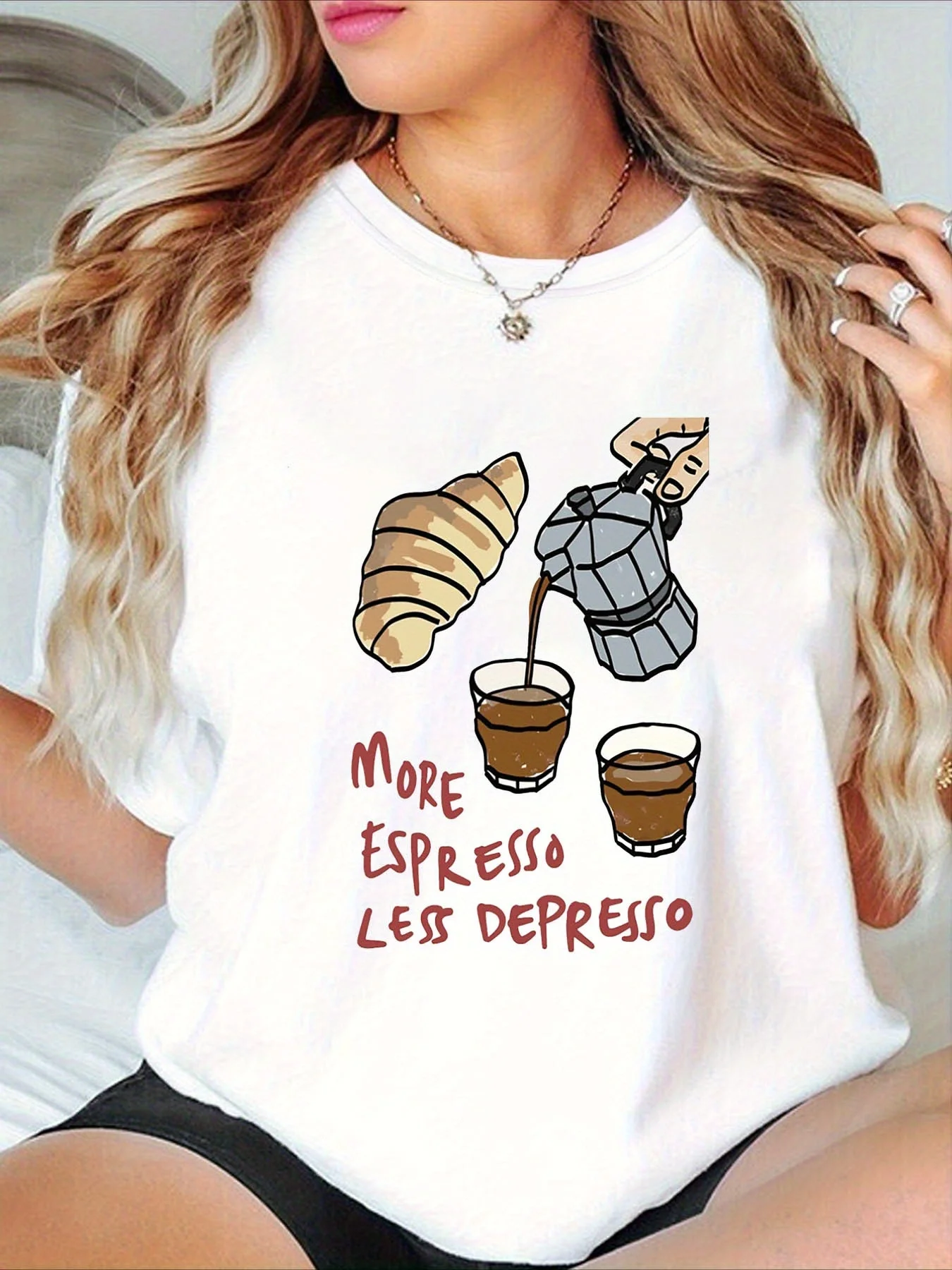 

Женская футболка с коротким рукавом MORE ESPRESSO LESS DEPRESSO, повседневная удобная футболка с принтом для лета и весны