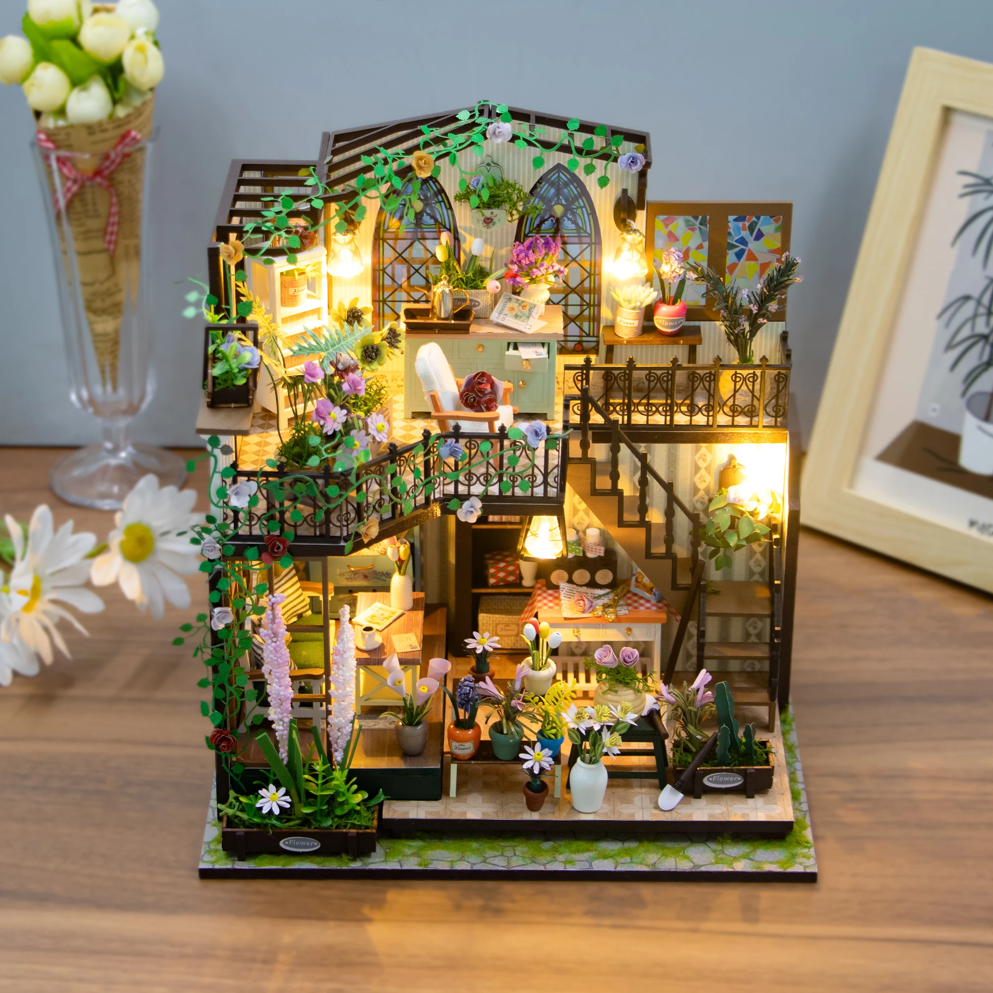 DIY Wooden Darcy Flower House Cottage Figurines Miniatures Kits Assembled Casa with Light for Friends Gifts Home Decor Crafts