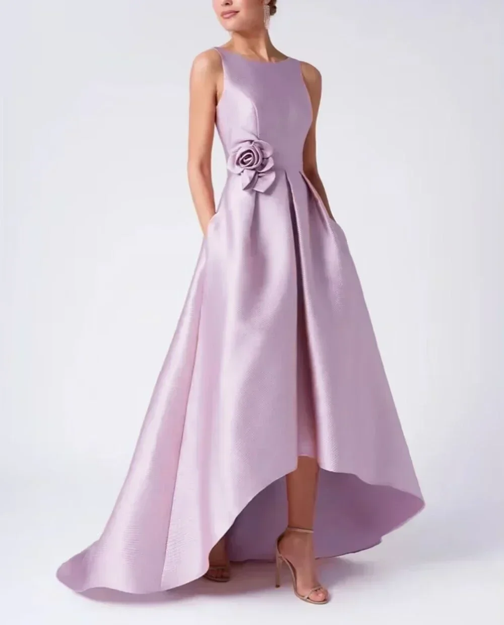 Vestidos de fiesta sin mangas elegantes franceses personalizados, Vestidos de noche lisos simples, vestido Formal de satén con flores para fiesta de boda y cumpleaños