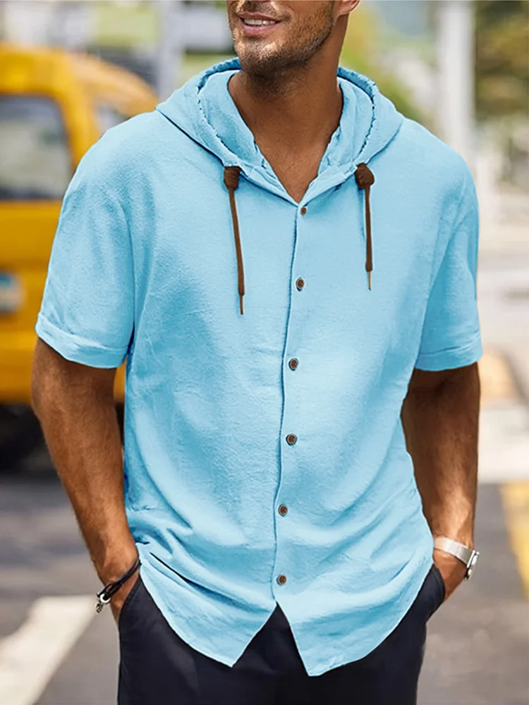 2025 Men's shirts Cotton and linen Hooded short sleeved shirt Breathable casual lightweight cardigan jacket Hot sale Men's wear