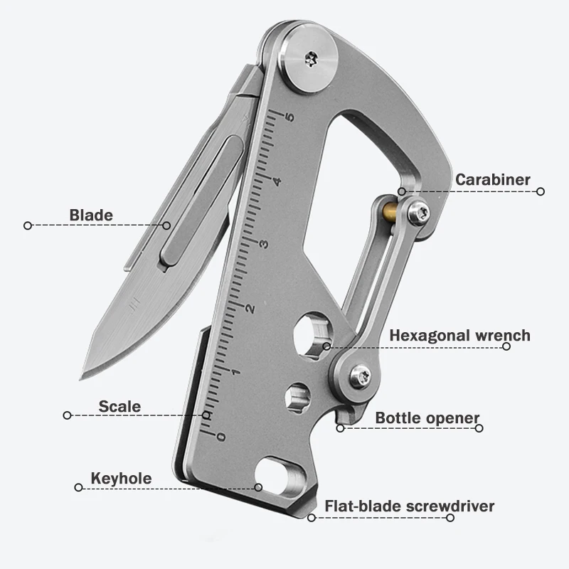 TACRAY Titanium Carabiner Multifunction Keychain Utility Knife Folding Knife Wallpaper Knife Cutting Tool with Corkscrew